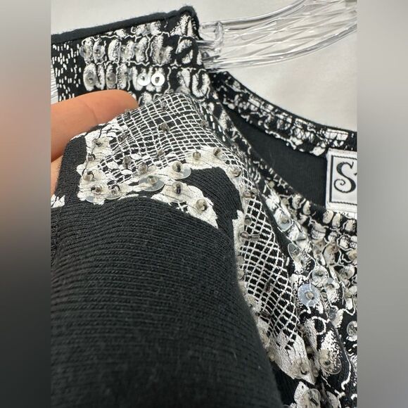 Vintage 90’s Beaded Snakeskin Reptile Black & White Cotton Boxy Tank Top Size M - Picture 4 of 7